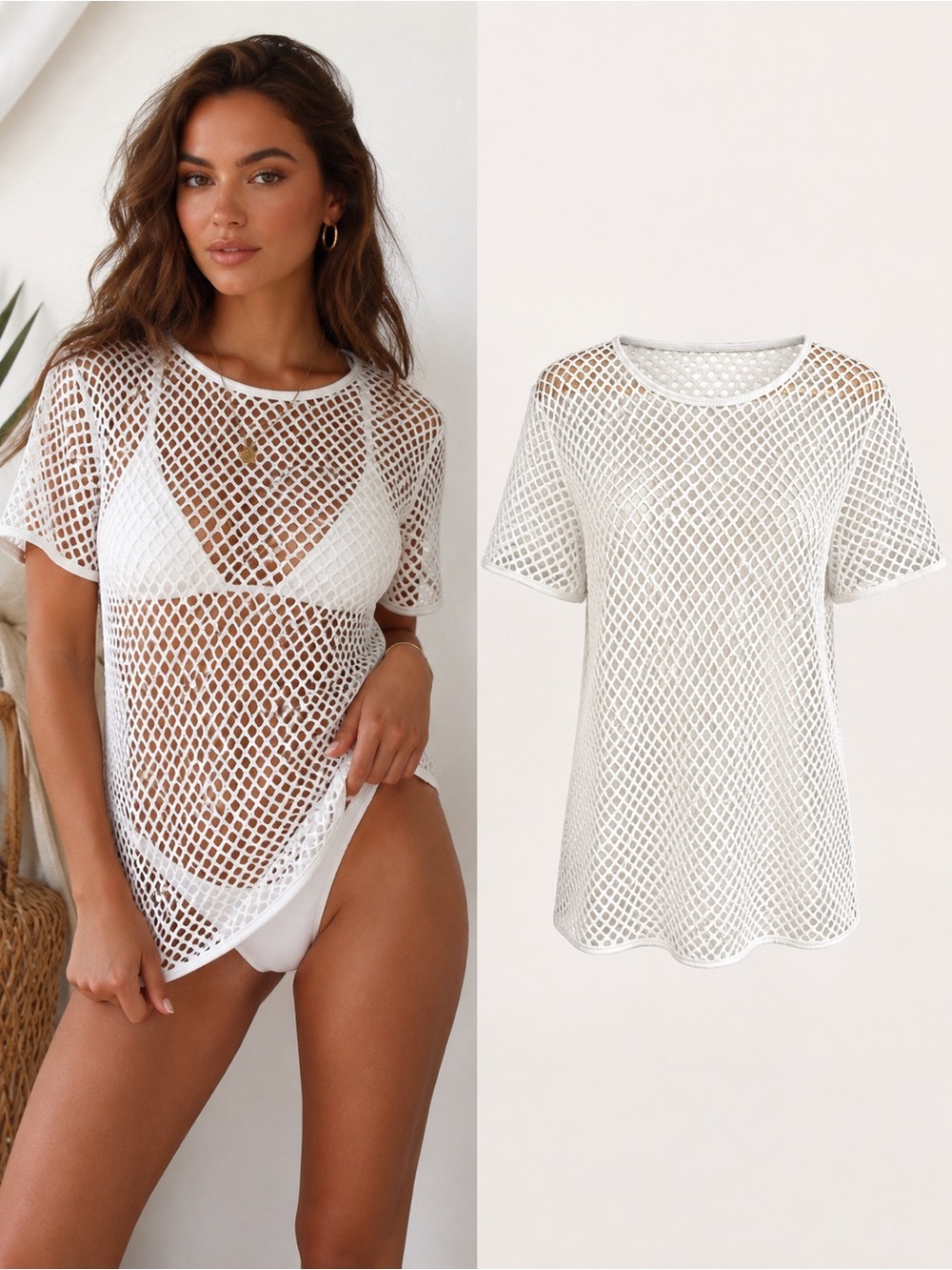 Jogal | White Fishnet Mesh Cover-Up Top | Sheer Beach Layering Tee | One Size